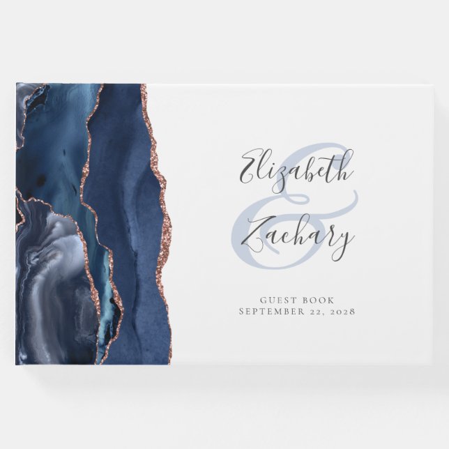 Modern Navy Blue Agate Rose Gold Script Guest Book (Front)