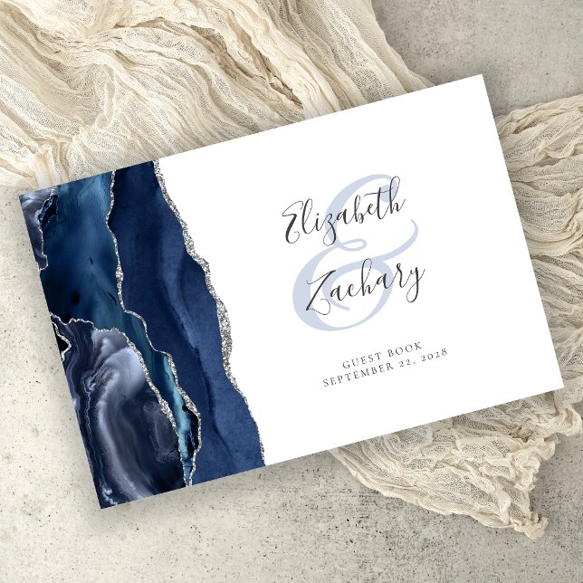 Modern Navy Blue Agate Silver Script Guest Book (Creator Uploaded)
