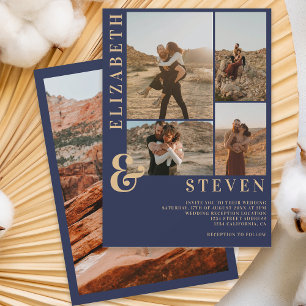 Modern navy blue ampersand 5 photo grid wedding invitation