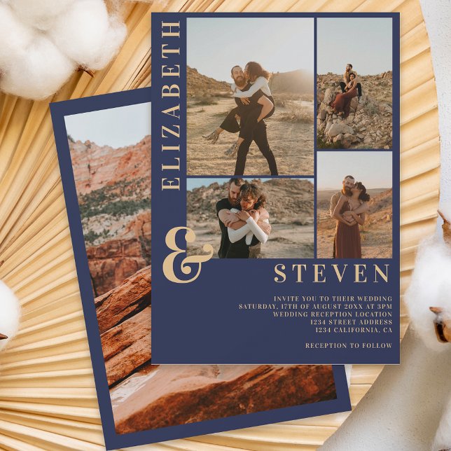 Modern navy blue ampersand 5 photo grid wedding invitation (Creator Uploaded)