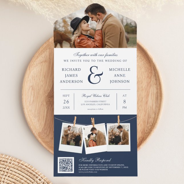 Modern Navy Blue Ampersand Photo QR Code Wedding All In One Invitation (Creator Uploaded)