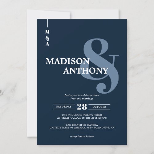 Modern Navy Blue Ampersand Script Photo Wedding Invitation