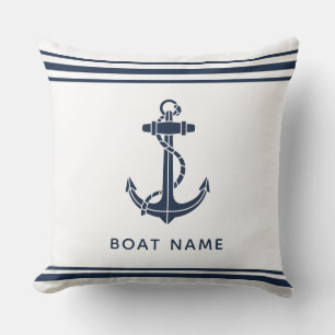 Modern Navy Blue Anchor Boat Name Custom Outdoor Pillow