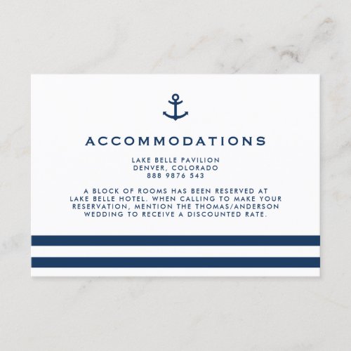 Modern Navy Blue Anchor Nautical Accommodations Enclosure Card