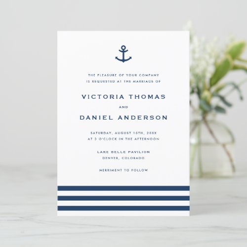 Modern Navy Blue Anchor Nautical Wedding Invitation