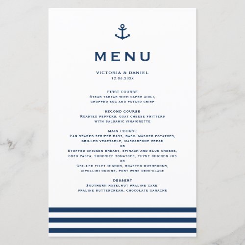 Modern Navy Blue Anchor Nautical Wedding Menu Card