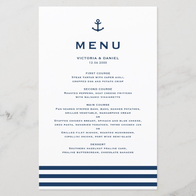 Modern Navy Blue Anchor Nautical Wedding Menu Card (Front)