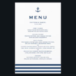 Modern Navy Blue Anchor Nautical Wedding Menu Card<br><div class="desc">Modern and classic menu card perfect for nautical theme weddings and other events. It features a navy blue anchor illustration,  classic typography and stripes pattern. The texts are fully editable. Personalize by adding names,  date,  time and other menu details.</div>