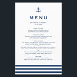 Modern Navy Blue Anchor Nautical Wedding Menu Card<br><div class="desc">Modern and classic menu card perfect for nautical theme weddings and other events. It features a navy blue anchor illustration,  classic typography and stripes pattern. The texts are fully editable. Personalize by adding names,  date,  time and other menu details.</div>
