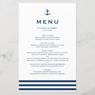 Modern Navy Blue Anchor Nautical Wedding Menu Card