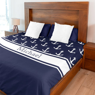 Modern Navy Blue Anchor Pattern Name Nautical  Duvet Cover