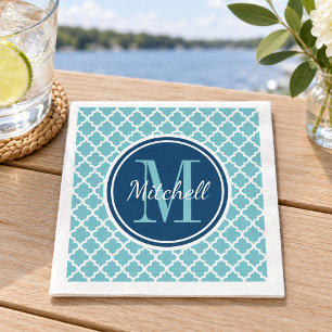 Modern Navy Blue and Aqua Quatrefoil Monogram Napkins