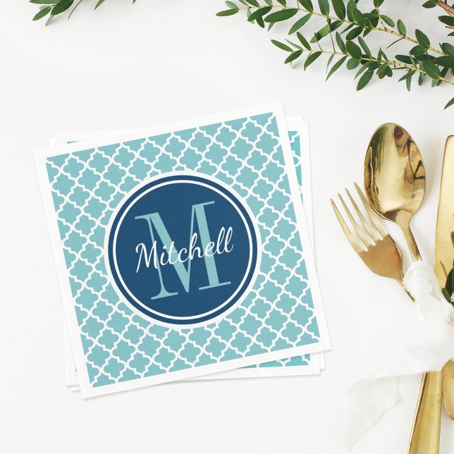 Modern Navy Blue and Aqua Quatrefoil Monogram Napkins (Creator Uploaded)
