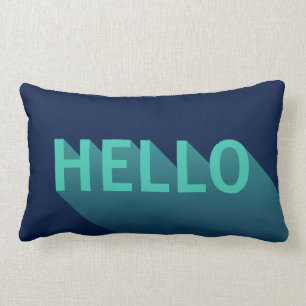 Modern Navy Blue and Aqua Teal Hello Typography Lumbar Pillow