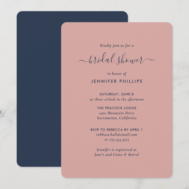 Modern Navy Blue and Blush Bridal Shower Invitation (Front/Back)