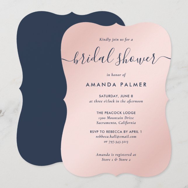 Modern Navy Blue and Blush Bridal Shower Invitation (Front/Back)