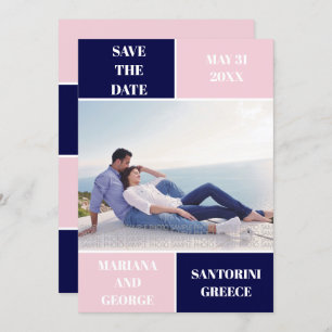 Modern navy blue and blush color block wedding save the date