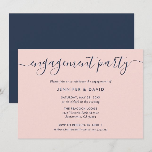 Modern Navy Blue and Blush Engagement Party Invitation (Front/Back)