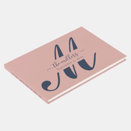 Modern Navy Blue and Blush Monogram Wedding Guest Book