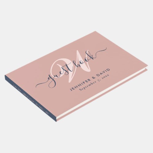 Modern Navy Blue and Blush Monogram Wedding Guest Book