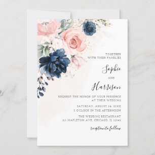 Modern Navy Blue and Blush Pink Floral Wedding Invitation