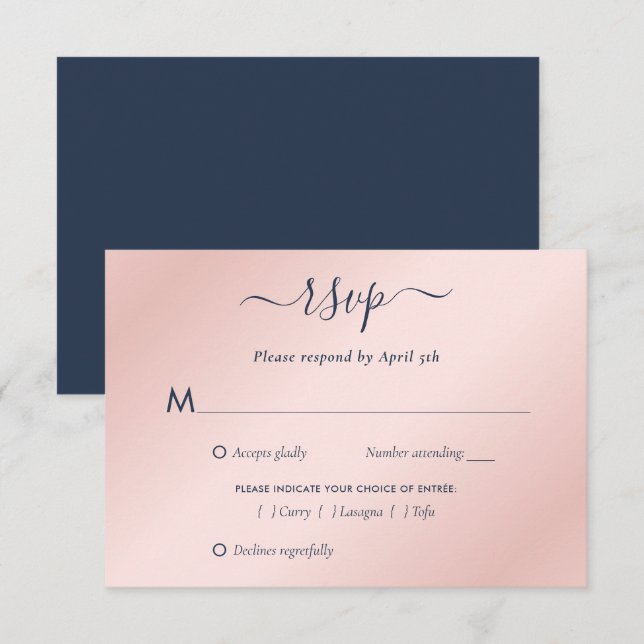Modern Navy Blue and Blush Pink Wedding RSVP Card (Front/Back)