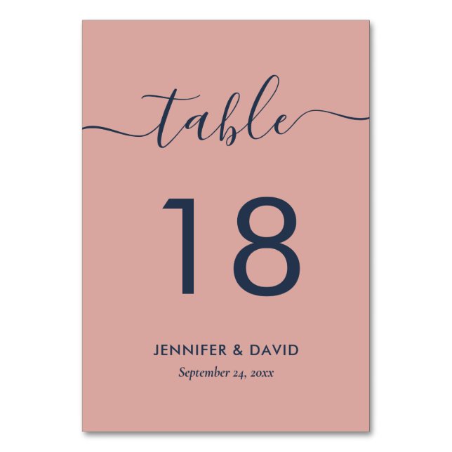 Modern Navy Blue and Blush Table Number Card (Front)