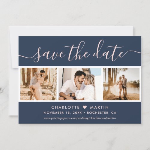 Modern Navy Blue and Blush Wedding 4 Photo Save The Date