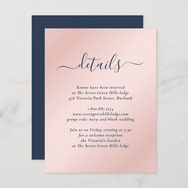 Modern Navy Blue and Blush Wedding Enclosure Card (Front/Back)