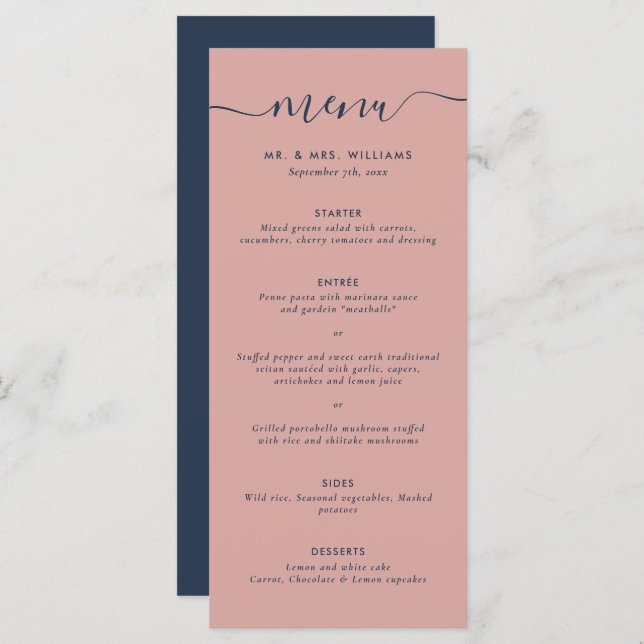 Modern Navy Blue and Blush Wedding Menu (Front/Back)