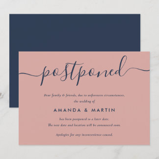 Modern Navy Blue and Blush Wedding Postponement Announcement