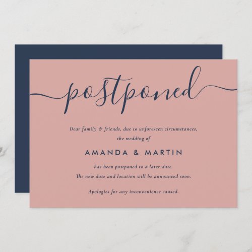 Modern Navy Blue and Blush Wedding Postponement Announcement