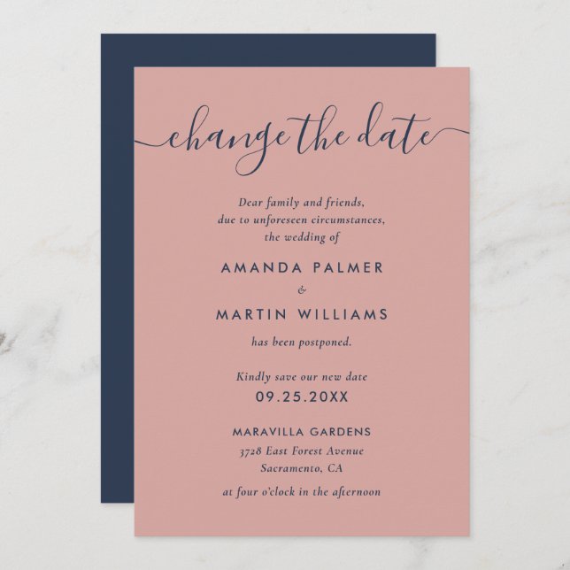 Modern Navy Blue and Blush Wedding Postponement Announcement (Front/Back)