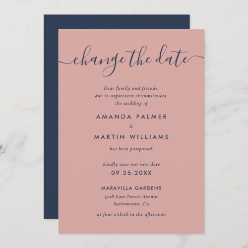 Modern Navy Blue and Blush Wedding Postponement Announcement