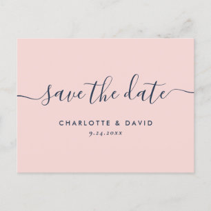 Modern Navy Blue and Blush Wedding Save The Date Announcement Postcard