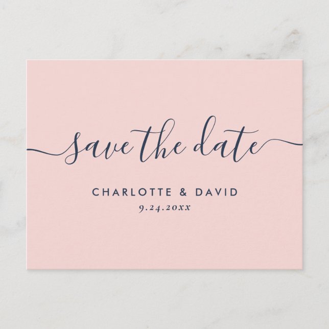 Modern Navy Blue and Blush Wedding Save The Date Announcement Postcard (Front)
