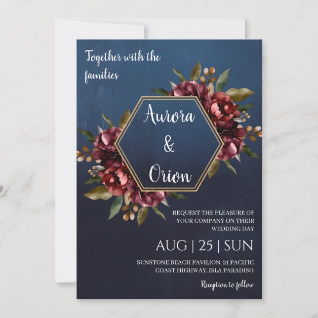 modern navy blue and burgundy wedding invitations (Front)