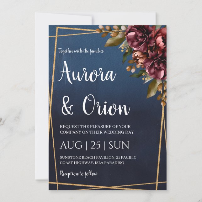 modern navy blue and burgundy wedding invitations (Front)