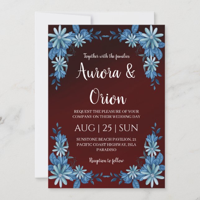 modern navy blue and burgundy wedding invitations (Front)