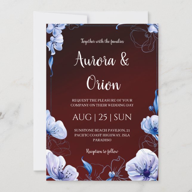 modern navy blue and burgundy wedding invitations (Front)
