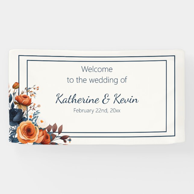 Modern Navy Blue and Burnt Orange Wedding Banner (Horizontal)