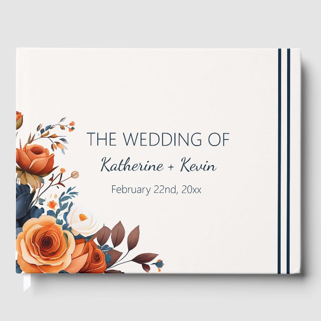 Modern Navy Blue and Burnt Orange Wedding Guest Book (Front)