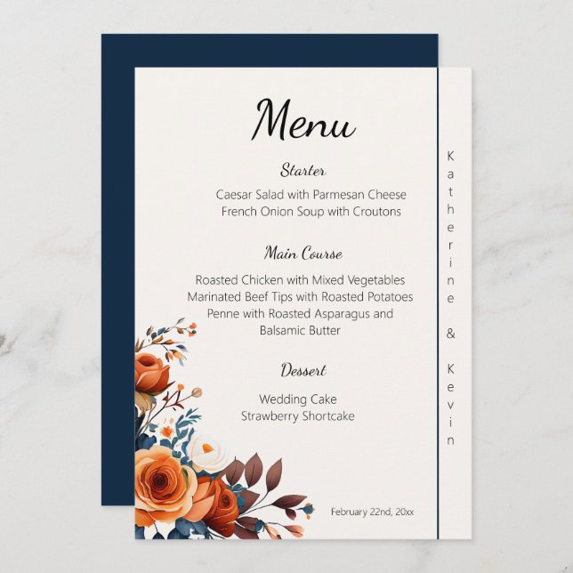 Modern Navy Blue and Burnt Orange Wedding Menu  (Front/Back)