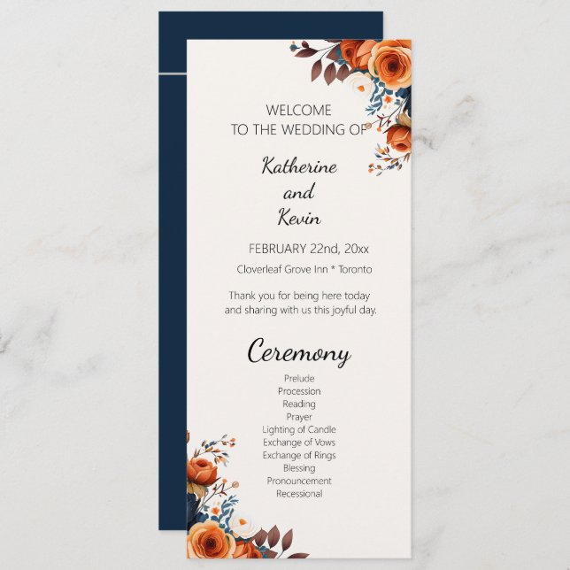 Modern Navy Blue and Burnt Orange Wedding Programs (Front/Back)