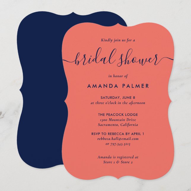 Modern Navy Blue and Coral Bridal Shower Invitation (Front/Back)