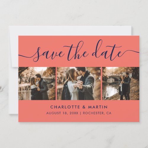 Modern Navy Blue and Coral Photo Collage Save The Date