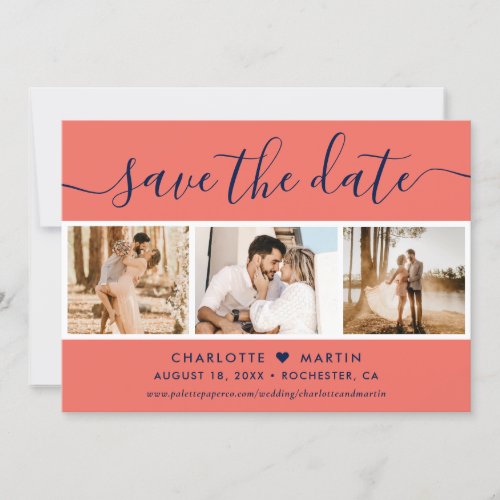 Modern Navy Blue and Coral Wedding 4 Photo Save The Date