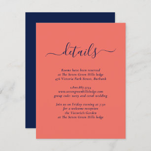Modern Navy Blue and Coral Wedding Enclosure Card