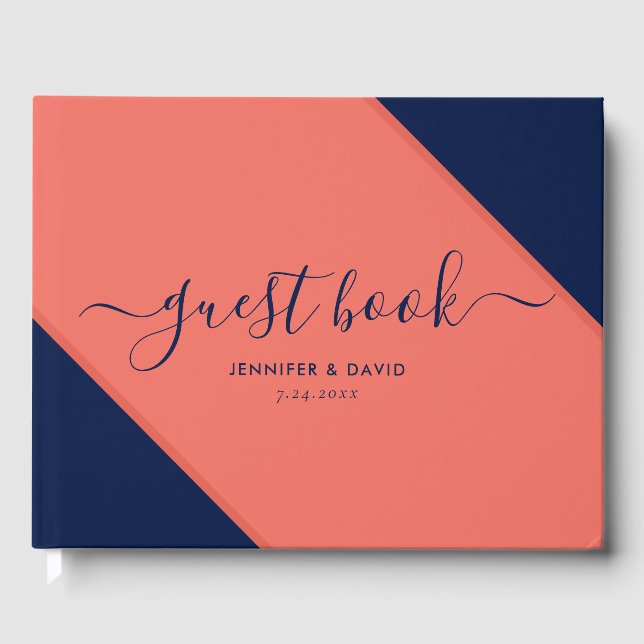 Modern Navy Blue and Coral Wedding Guest Book (Front)
