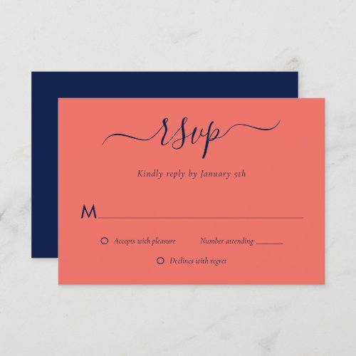 Modern Navy Blue and Coral Wedding RSVP Cards